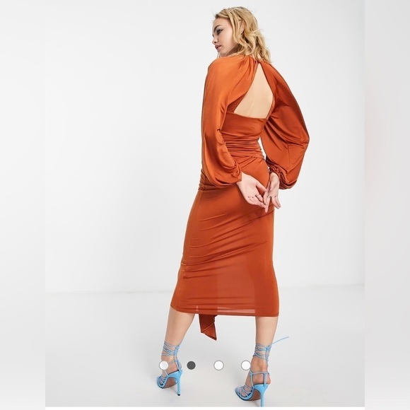 NWT ASOS Design Glam Volume Sleeve Cut Out Ring Detail Midi Dress Rust Size 4 - Picture 2 of 9